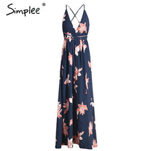 Load image into Gallery viewer, Simplee Boho deep v neck backless sexy dress Split cross lace up chiffon summer beach long dress Sleeveless maxi dress vestidos