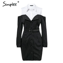 Load image into Gallery viewer, Simplee Elegant fake two piece stripe women dress Office lady sash long sleeve mini dress 2018 Autumn winter blazer blouse dress