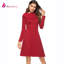 Load image into Gallery viewer, Berydress Women Vintage Style Asymmetrical Neckline Long Sleeve Knee-Length Belted with Buttons A-Line Swing Dress with Pockets