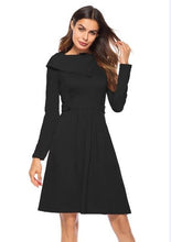 Load image into Gallery viewer, Berydress Women Vintage Style Asymmetrical Neckline Long Sleeve Knee-Length Belted with Buttons A-Line Swing Dress with Pockets
