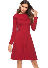 Load image into Gallery viewer, Berydress Women Vintage Style Asymmetrical Neckline Long Sleeve Knee-Length Belted with Buttons A-Line Swing Dress with Pockets