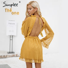 Load image into Gallery viewer, Simplee Lace up backless mesh women dress Elegant sash mini ladies autumn dress Fashion flare sleeve sexy dress vestidos festa