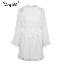 Load image into Gallery viewer, Simplee Lace up backless mesh women dress Elegant sash mini ladies autumn dress Fashion flare sleeve sexy dress vestidos festa