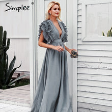 Load image into Gallery viewer, Simplee Elegant v neck long dresses Ruffles high waist women dresses Evening party female sexy maxi dress vestidos festa 2018