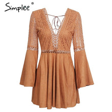 Load image into Gallery viewer, Simplee Sexy v neck suede leather lace dress women Hollow out flare sleeve winter dress party christmas Autumn backless femme