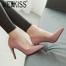 Load image into Gallery viewer, WETKISS Flock High Heels Women Pumps Slip On Pointed Toe Footwear Party Female Shoes Shallow Shoes Woman 2019 Spring New Black