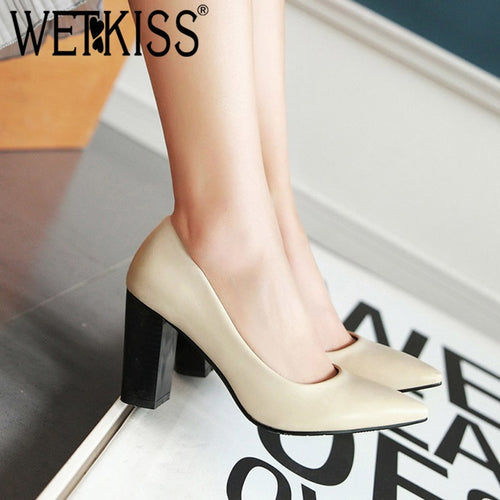 WETKISS Pu Thick High Heels Women Pumps Pointed Toe Footwear Shallow Female Shoes Office Shoes Woman 2019 Spring New Black