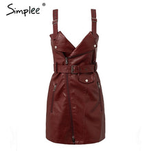 Load image into Gallery viewer, Simplee Fashion PU leather women dress V neck mini bodycon sexy dress Christmas zipper autumn winter short dress ladies vestido