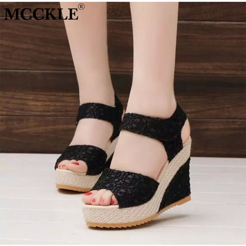 MCCKLE Summer Women Fashion Wedge Sandals Peep Toe Pumps Lace Female Hook Loop Shoes Ankle Strap Platform High Heels Ladies 2019