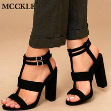 Load image into Gallery viewer, MCCKLE High Heels Sandals Gladiator Summer Sandals For Women Double Buckle Square Heels Flock Female Party Wedding Ladies Shoes