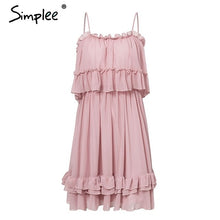 Load image into Gallery viewer, Simplee Elegant ruffle off shoulder women dress Spaghetti strap chiffon summer dresses Casual holiday female pink short sundress