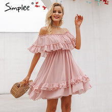 Load image into Gallery viewer, Simplee Elegant ruffle off shoulder women dress Spaghetti strap chiffon summer dresses Casual holiday female pink short sundress