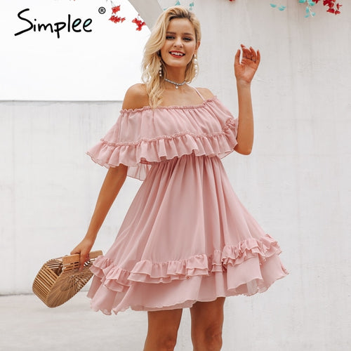 Simplee Elegant ruffle off shoulder women dress Spaghetti strap chiffon summer dresses Casual holiday female pink short sundress