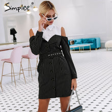 Load image into Gallery viewer, Simplee Elegant fake two piece stripe women dress Office lady sash long sleeve mini dress 2018 Autumn winter blazer blouse dress