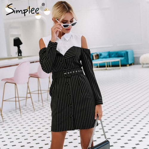 Simplee Elegant fake two piece stripe women dress Office lady sash long sleeve mini dress 2018 Autumn winter blazer blouse dress