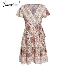 Load image into Gallery viewer, Simplee Bohemian floral mini women summer dress festa V neck ruffle bandage dress female 2019 Elegant holiday beach sundress