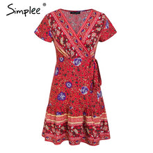 Load image into Gallery viewer, Simplee Bohemian floral mini women summer dress festa V neck ruffle bandage dress female 2019 Elegant holiday beach sundress