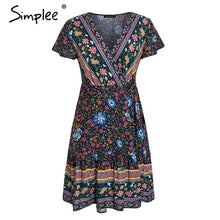 Load image into Gallery viewer, Simplee Bohemian floral mini women summer dress festa V neck ruffle bandage dress female 2019 Elegant holiday beach sundress