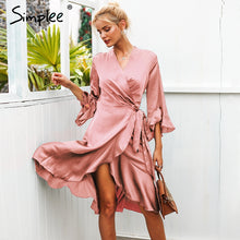 Load image into Gallery viewer, Simplee Elegant women satin dress Ruffle flare sleeve lady wrap dress 2019 Autumn winter green sexy female dress vestidos festa