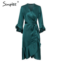 Load image into Gallery viewer, Simplee Elegant women satin dress Ruffle flare sleeve lady wrap dress 2019 Autumn winter green sexy female dress vestidos festa