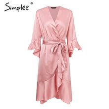 Load image into Gallery viewer, Simplee Elegant women satin dress Ruffle flare sleeve lady wrap dress 2019 Autumn winter green sexy female dress vestidos festa