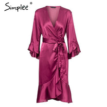 Load image into Gallery viewer, Simplee Elegant women satin dress Ruffle flare sleeve lady wrap dress 2019 Autumn winter green sexy female dress vestidos festa