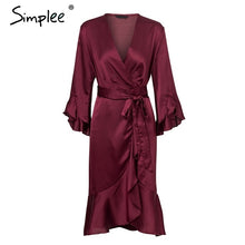 Load image into Gallery viewer, Simplee Elegant women satin dress Ruffle flare sleeve lady wrap dress 2019 Autumn winter green sexy female dress vestidos festa