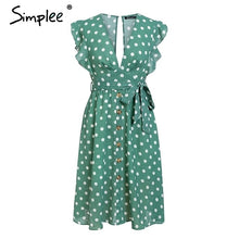 Load image into Gallery viewer, Simplee Sexy V neck polka dot green summer dress women 2019 Casual ruffle midi dress Elegant holiday beach female vestidos festa