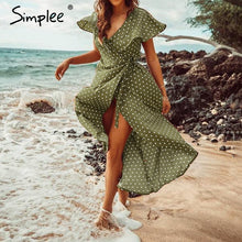 Load image into Gallery viewer, Simplee Vintage dots print satin women summer dress 2019 Elegant v neck wrap sashes dresses Sexy female party long dress