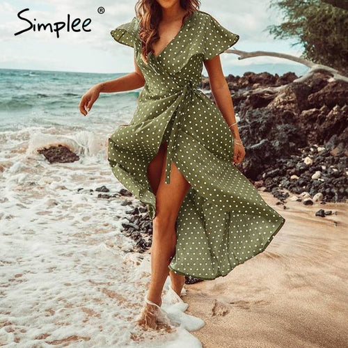 Simplee Vintage dots print satin women summer dress 2019 Elegant v neck wrap sashes dresses Sexy female party long dress