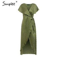 Load image into Gallery viewer, Simplee Vintage dots print satin women summer dress 2019 Elegant v neck wrap sashes dresses Sexy female party long dress