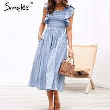 Load image into Gallery viewer, Simplee Vintage striped women long dress Ruffle linen blue elegant summer dress 2019 Casual cotton fashion female beach vestidos