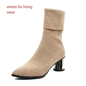 WETKISS Thick High Heels Women Boots Stretch Sock Boot Pointed Toe Shoes Lady Flyknit Shoes Spring 2019 Spike Heels Footwear