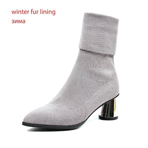 WETKISS Thick High Heels Women Boots Stretch Sock Boot Pointed Toe Shoes Lady Flyknit Shoes Spring 2019 Spike Heels Footwear