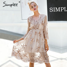 Load image into Gallery viewer, Simplee V neck long sleeve sequined party dresses women Sexy mesh streetwear midi dress female 2018 spring black dress vestido