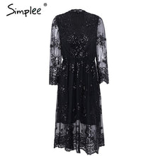Load image into Gallery viewer, Simplee V neck long sleeve sequined party dresses women Sexy mesh streetwear midi dress female 2018 spring black dress vestido