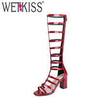 Load image into Gallery viewer, WETKISS Gladiator Knee High Women Boots Open Toe Square Heels Pu Footwear Zipper 2019 Fashion High Heels Summer Ladies Shoes