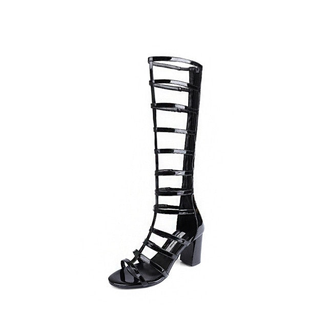 WETKISS Gladiator Knee High Women Boots Open Toe Square Heels Pu Footwear Zipper 2019 Fashion High Heels Summer Ladies Shoes