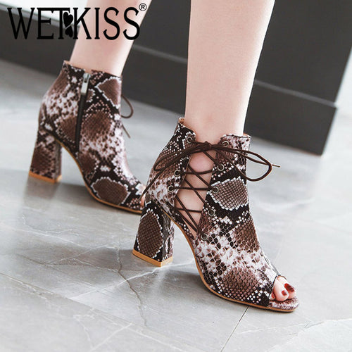 WETKISS Thick High Heels Ankle Boots Women Peep Toe Zip Footwear Snake Print Boots Female Cross Tied Shoes Woman Spring 2019 New