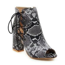 Load image into Gallery viewer, WETKISS Thick High Heels Ankle Boots Women Peep Toe Zip Footwear Snake Print Boots Female Cross Tied Shoes Woman Spring 2019 New