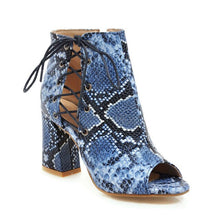 Load image into Gallery viewer, WETKISS Thick High Heels Ankle Boots Women Peep Toe Zip Footwear Snake Print Boots Female Cross Tied Shoes Woman Spring 2019 New