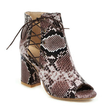 Load image into Gallery viewer, WETKISS Thick High Heels Ankle Boots Women Peep Toe Zip Footwear Snake Print Boots Female Cross Tied Shoes Woman Spring 2019 New