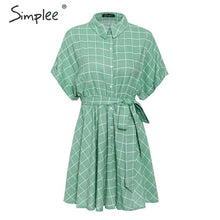 Load image into Gallery viewer, Simplee Elegant plaid sashes women dress Short sleeve A-line casual streetwear female short dress Button summer dress 2019