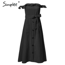 Load image into Gallery viewer, Simplee Sexy off shoulder ruffle women dress Elegant black button cotton summer dress Casual female midi lady vestidos festa