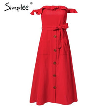 Load image into Gallery viewer, Simplee Sexy off shoulder ruffle women dress Elegant black button cotton summer dress Casual female midi lady vestidos festa