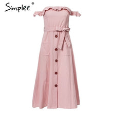 Load image into Gallery viewer, Simplee Sexy off shoulder ruffle women dress Elegant black button cotton summer dress Casual female midi lady vestidos festa