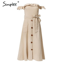 Load image into Gallery viewer, Simplee Sexy off shoulder ruffle women dress Elegant black button cotton summer dress Casual female midi lady vestidos festa
