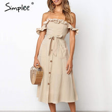 Load image into Gallery viewer, Simplee Sexy off shoulder ruffle women dress Elegant black button cotton summer dress Casual female midi lady vestidos festa