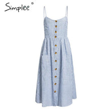 Load image into Gallery viewer, Simplee Elegant striped women summer plus size dress Buttons strap cotton midi dress Casual female ladies beach vestidos 2019