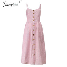 Load image into Gallery viewer, Simplee Elegant striped women summer plus size dress Buttons strap cotton midi dress Casual female ladies beach vestidos 2019